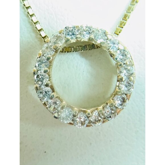 Elegant Estate Sterling Silver 925 GoldPlated Rhinestone Circle Pendant Necklace - Picture 9 of 16